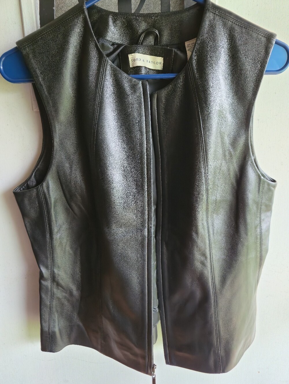 Lord & Taylor Black Leather Zip-Front Vest EUC